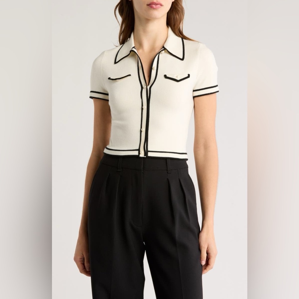 NWT Alice + Olivia Marlena Crop Wool Blend Button-Up Polo Sweater